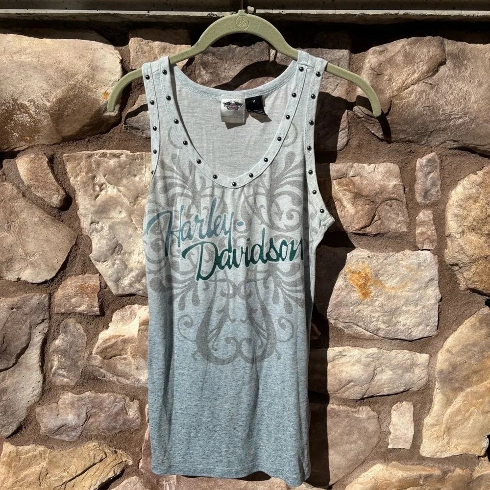 Harley Davidson Women’s Tank Top Studded Size Medium Light Blue Y2K - Picture 1 of 6